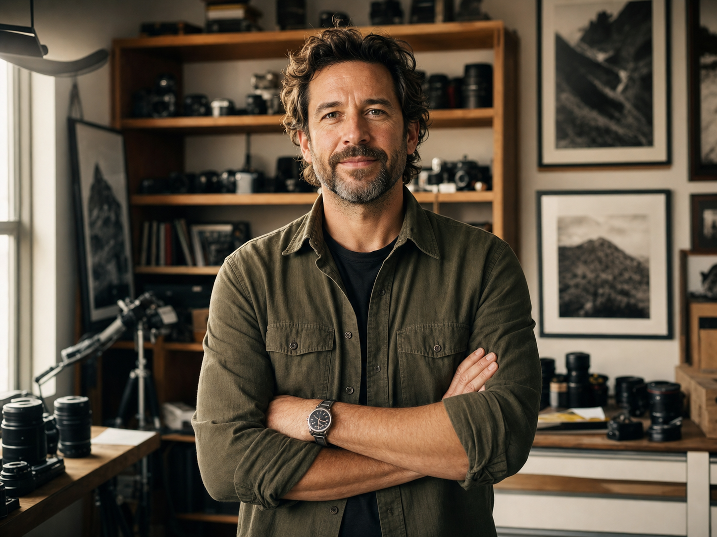 Léo Perrier, photographe fondateur du studio Netteté, dans son atelier à Nancy entouré de boîtiers et tirages