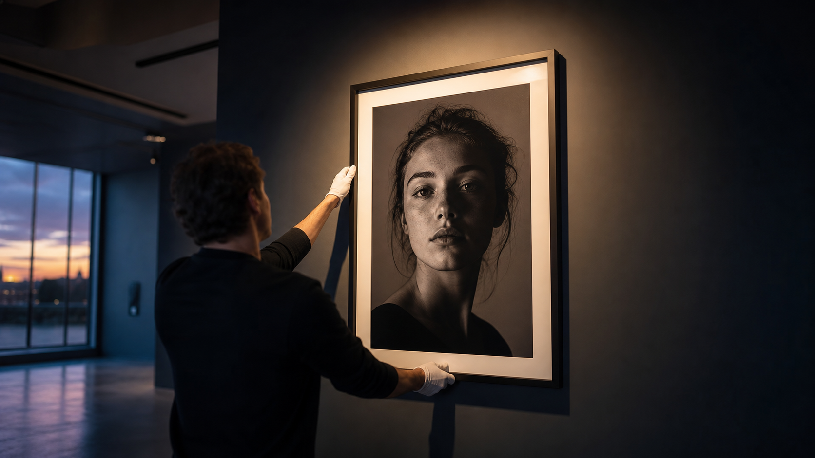 Mur d'exposition du studio Netteté à Nancy avec un grand tirage encadré et éclairage de galerie